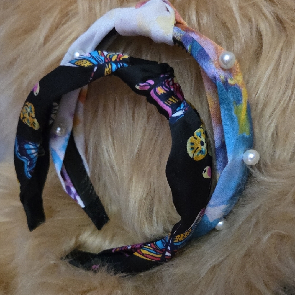 Headband Pearl-Embellished Twisted Fabric - Black & Multicolor NWOT